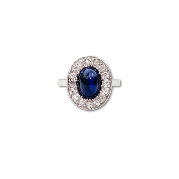 Sapphire Cabochon and Old Cut Diamond Halo Ring